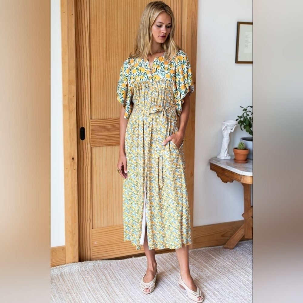 Emerson Fry Marion Button Patchwork Dress in Groves Orange Print